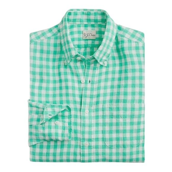 J Crew Green Check Irish Linen Long Sleeve Button Up Mens Size S Classic Fit - Picture 1 of 8